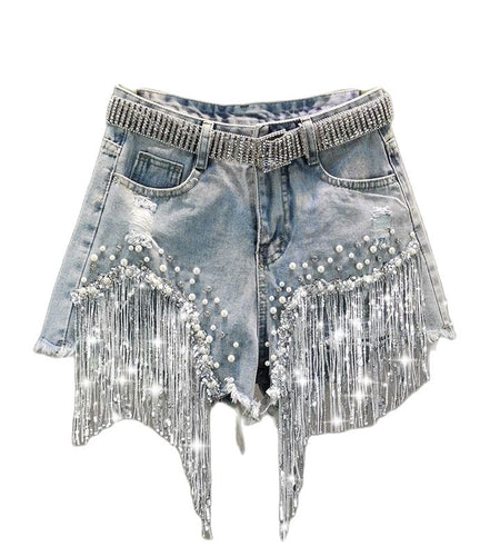 Denim-Shorts mit Quastenperlen